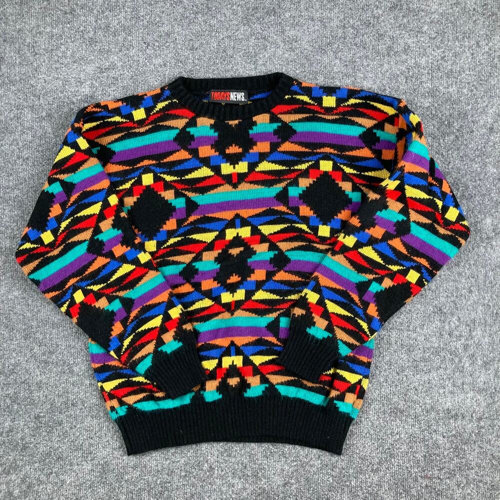 Todays News Sweater Womens Size L Black Multicolor Aztec Print Crewneck